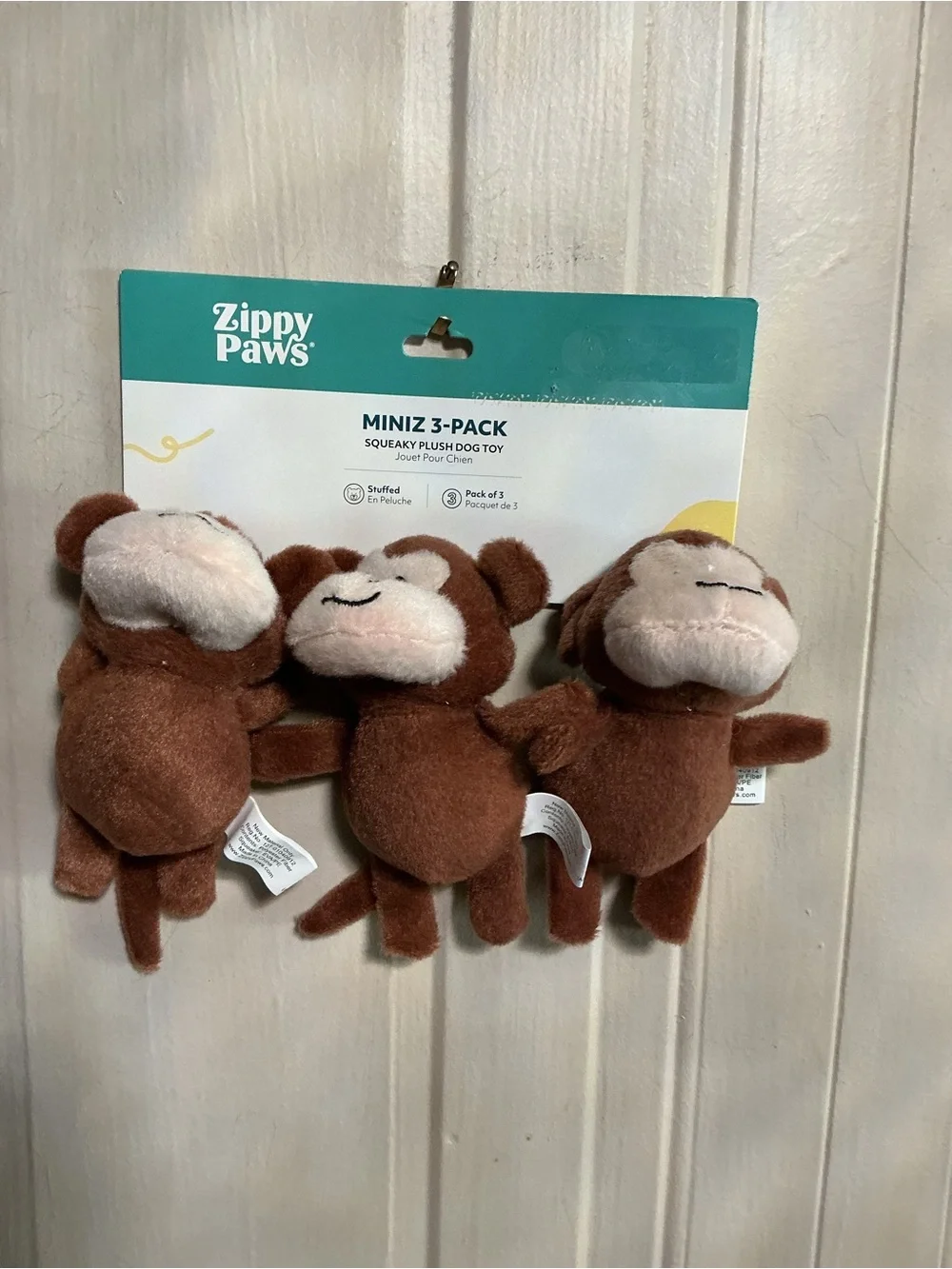 New Zippy Paws Plush 3 Miniz Monkeys Mini Pet Dog Toy Squeaks Brown 4.5* NEW